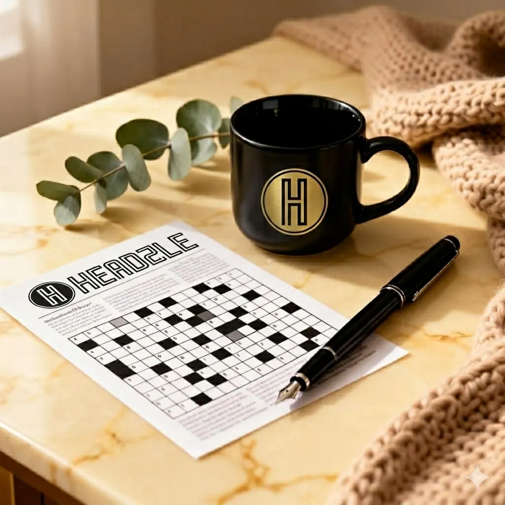 A warm desk with a Headzle word search puzzle, pencil, and mug